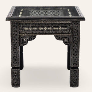 Moroccan wooden table veneered with nickel silver and white bone