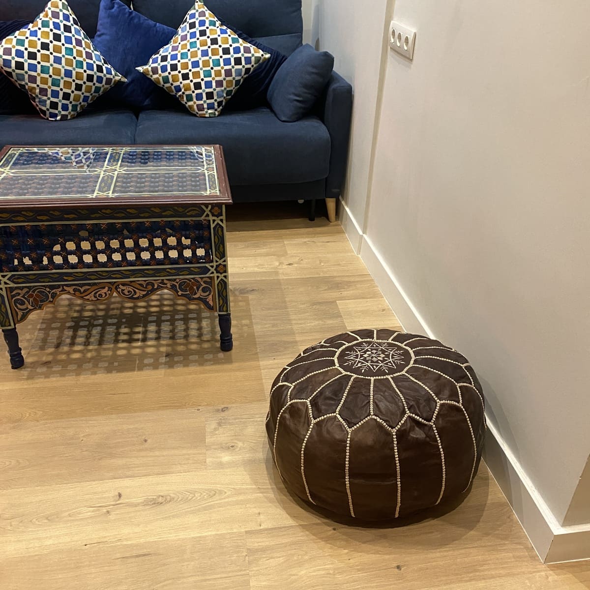 Moroccan brown natural leather pouf