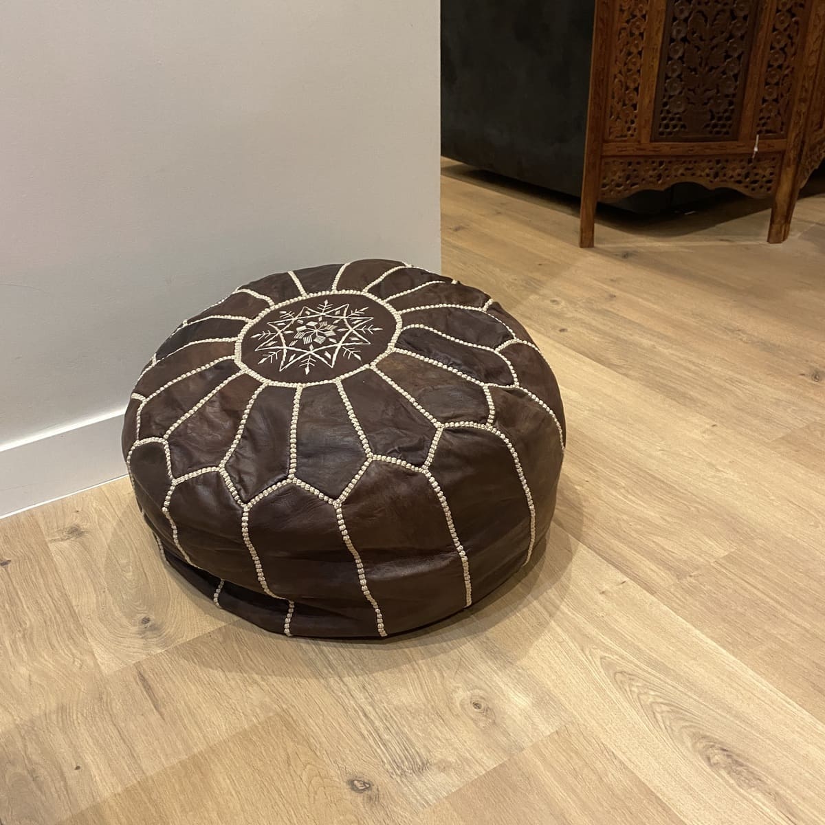 Moroccan brown natural leather pouf
