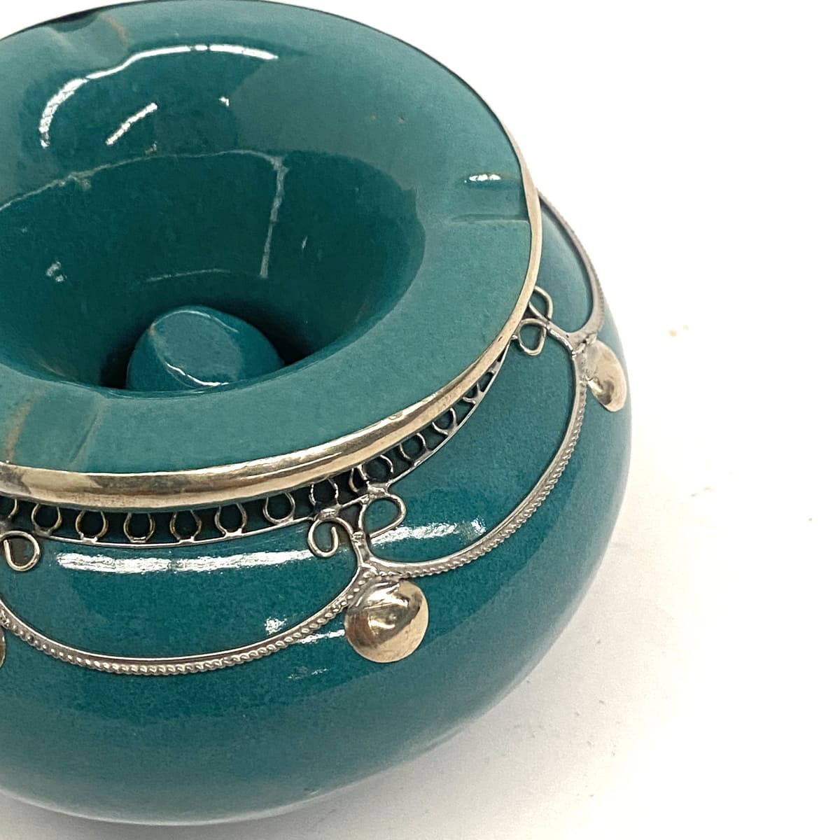 Moroccan Ceramic and Turquoise Alpaca Ashtray 12x9
