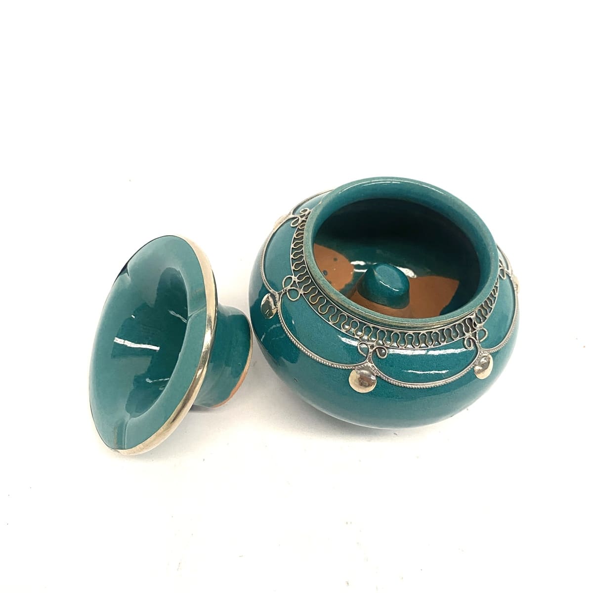 Moroccan Ceramic and Turquoise Alpaca Ashtray 12x9