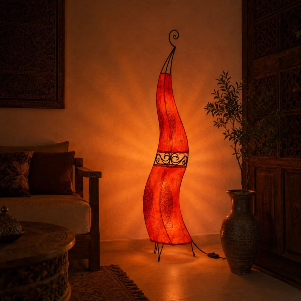 Moroccan leather and wrought iron lamp 120cm red