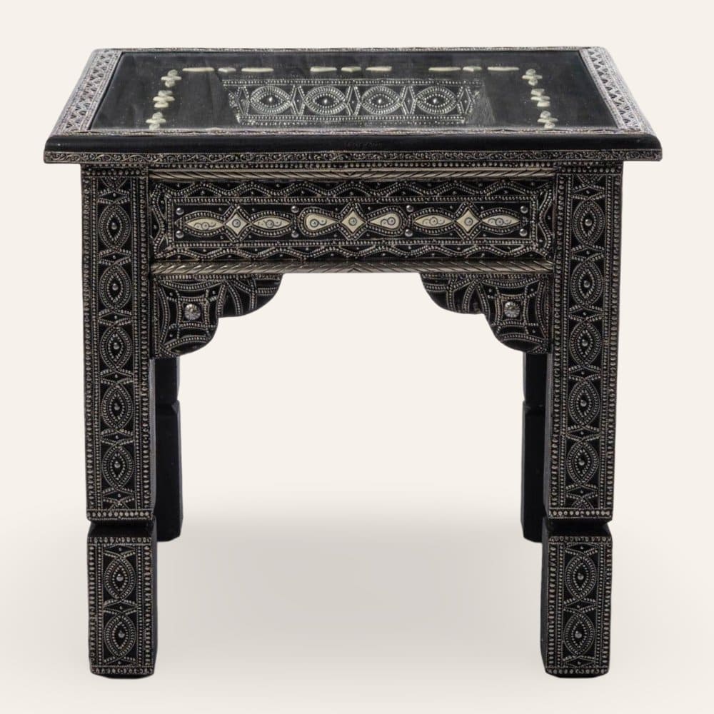 Moroccan wooden table veneered with nickel silver and white bone