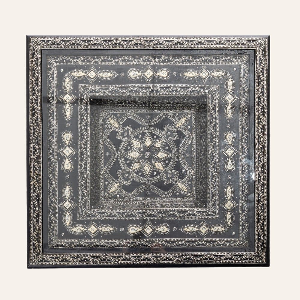 Moroccan wooden table veneered with nickel silver and white bone