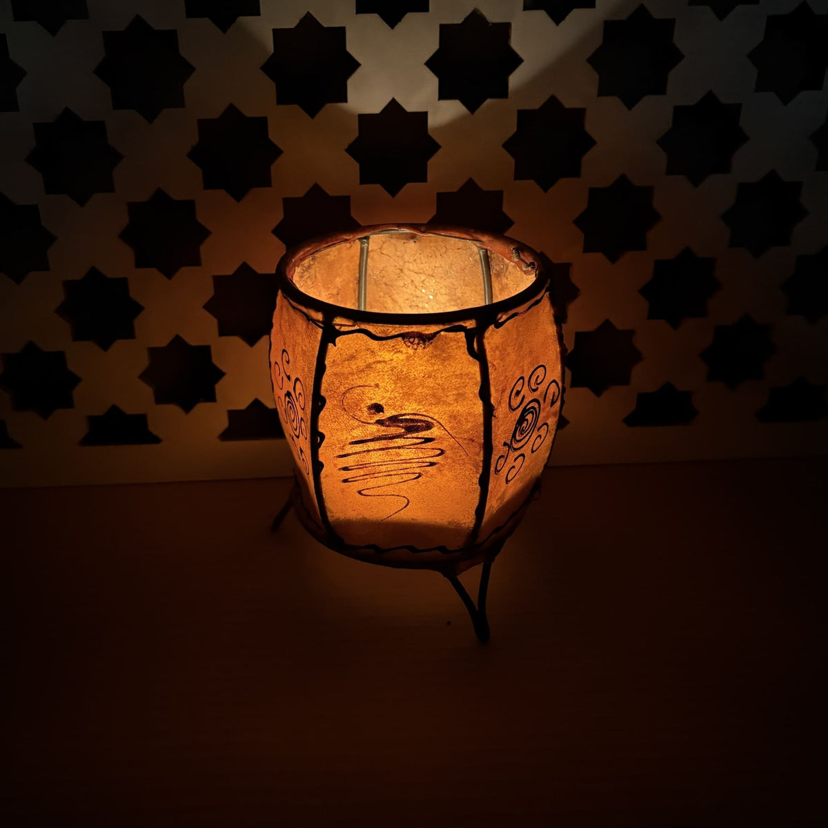 portavelas marroquí piel henna naranja detalle