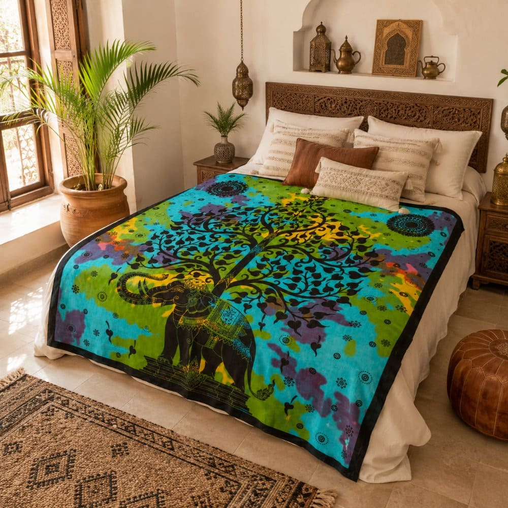 tela árbol elefante India cama